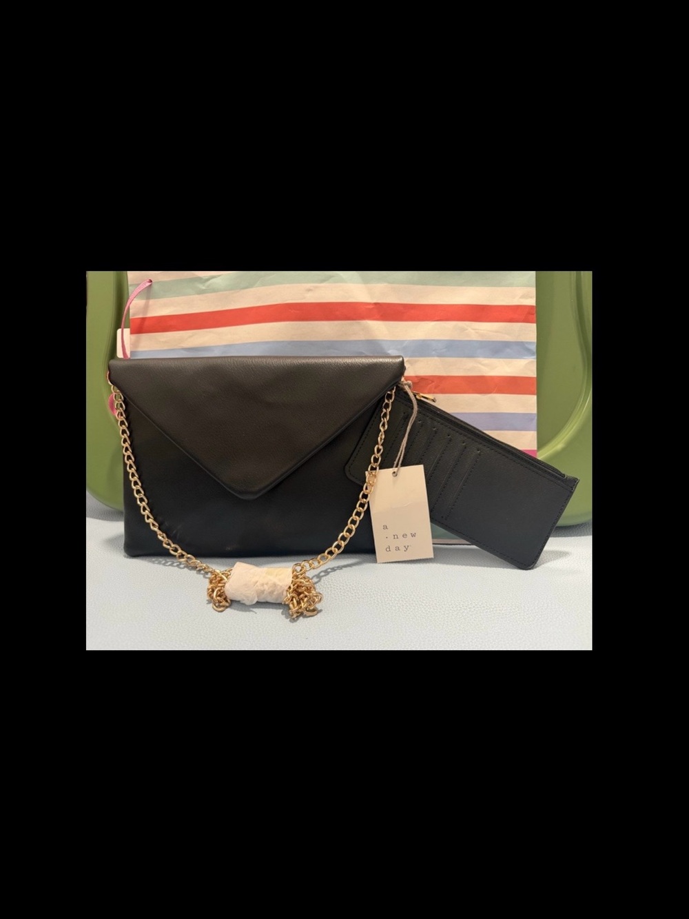 a new day Black Envelope Clutch with Gold Chain and Card Wallet